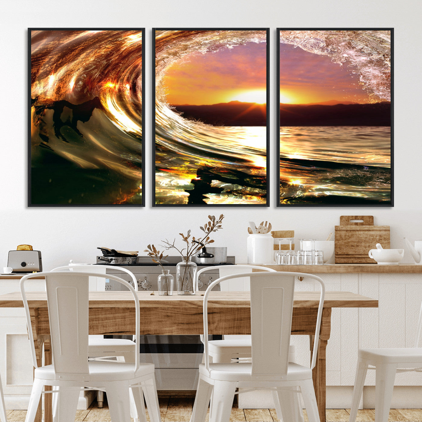 MGV-FC-60X30-3P - Golden Wave Sunset Triptych Canvas Art, Giclee Canvas Print of Ocean Wave and Sunset, Framed Ocean