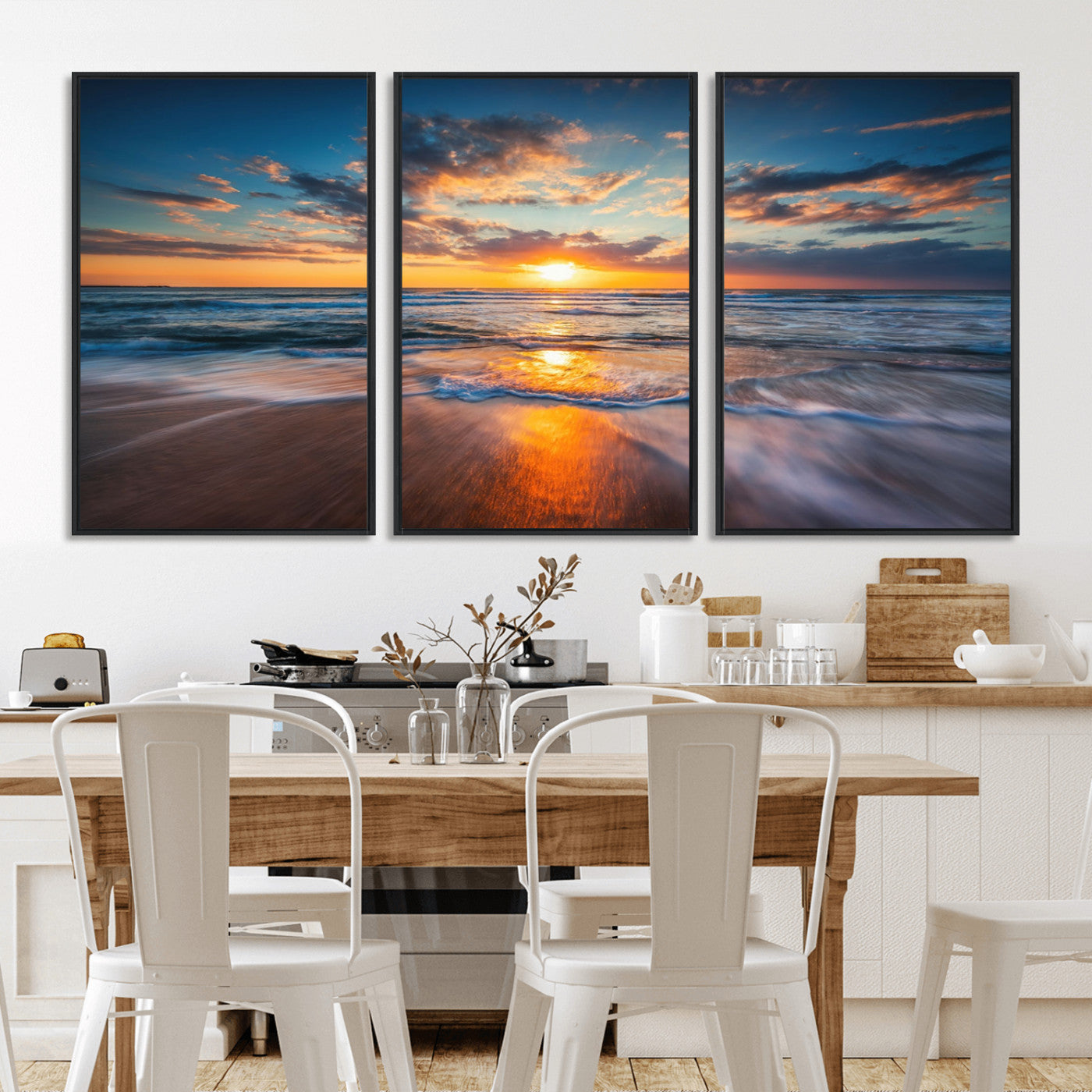 MGV-FC-60X30-3P - Sunset on the Ocean Beach with Waves, Reflections on Sand, Coastal Wall Art Print, Beach Wall Art,
