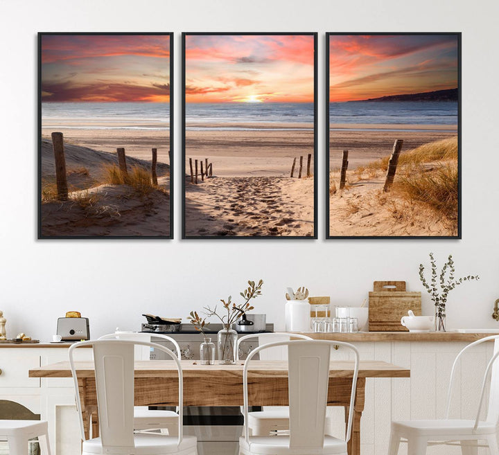 The Sunset on the Sea Wall Art Canvas Print beautifully captures a beach sunset and waves, enhanced with a UV-protective coating.