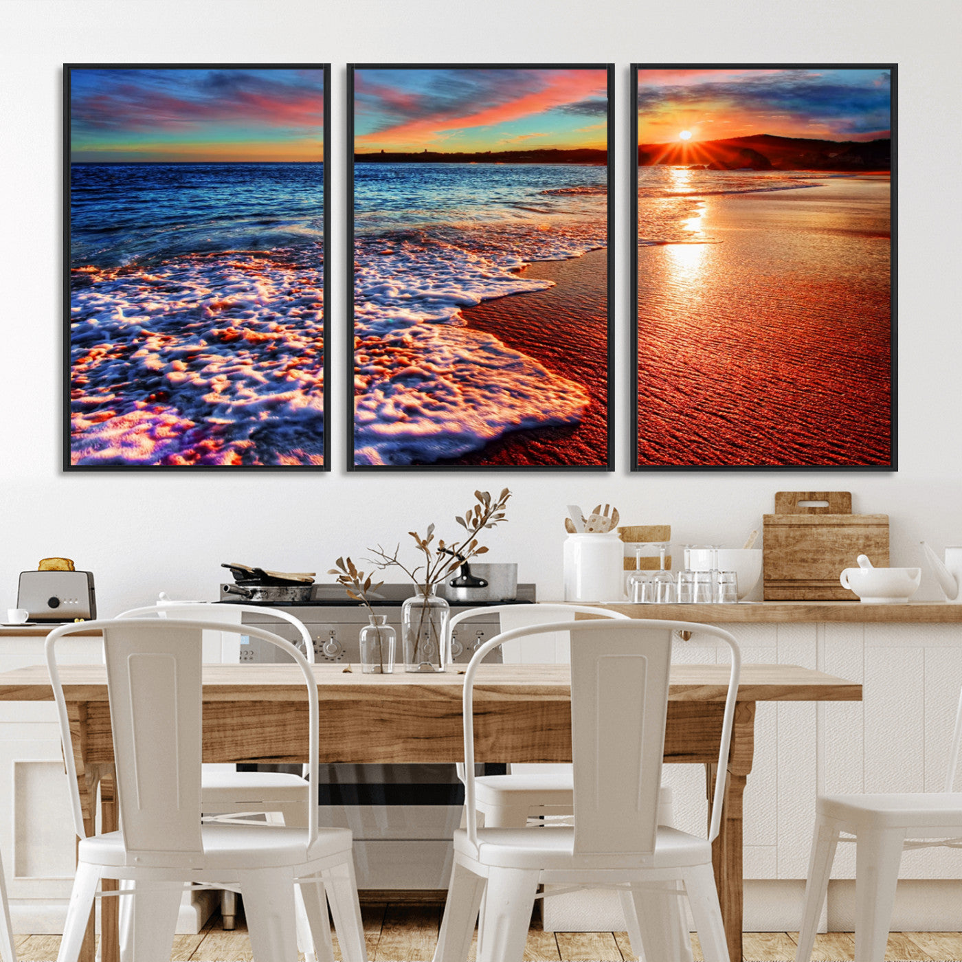 MGV-FC-60X30-3P - Colorful Coastal Sunset on the Beach Canvas Print, Ocean Waves Crashing at Dusk, Multi-Panel Seascape Vibrant Coastal Wall Art Canvas Print