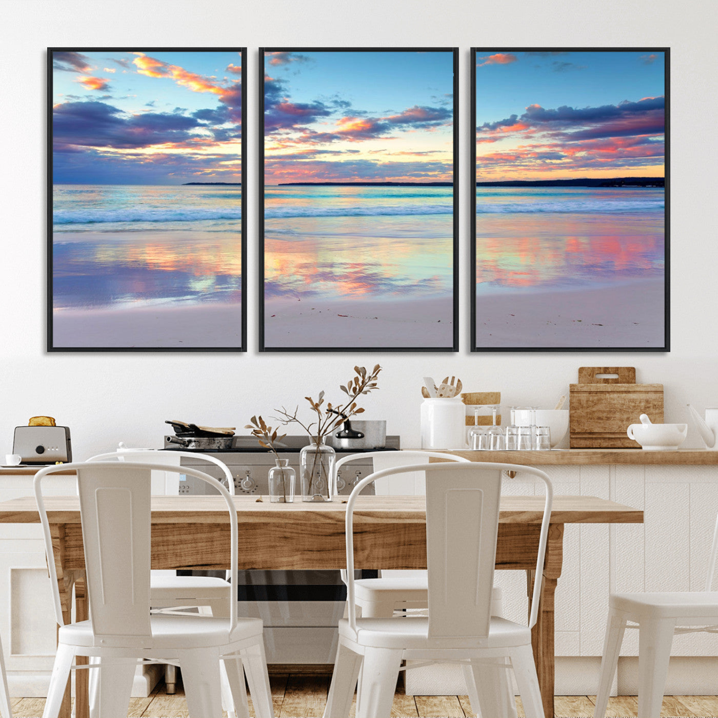 MGV-FC-60X30-3P - Tranquil Pastel Sunset Beach Triptych Canvas Art, Soothing Coastal Ocean Shoreline Giclee Print, Beach Reflections Wall Decor for Serene Spaces
