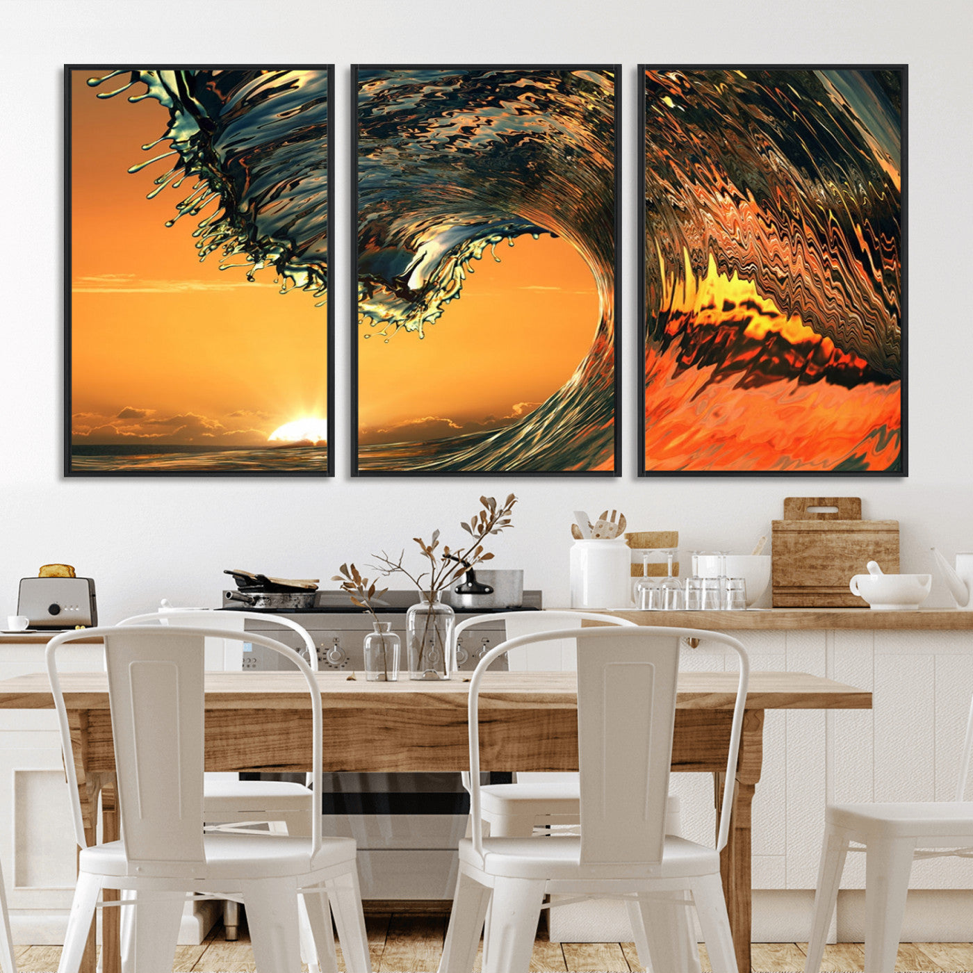 -Surf Wave Sunset Canvas Wall Art Print, 3-Panel Ocean Coastal Wall Art Print, Ocean Decor for
