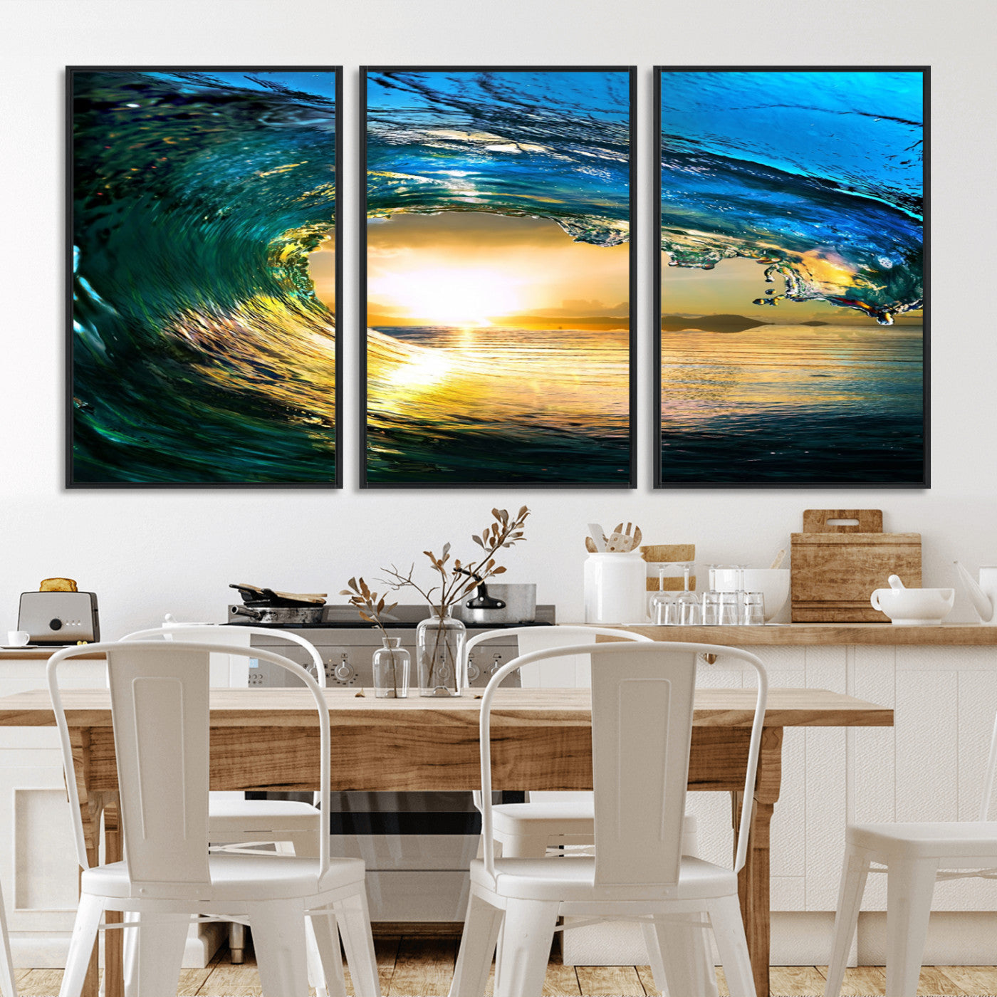 MGV-FC-60X30-3P - Ocean Wave at Sunset Canvas Art, Large Wall Print of Vibrant Water Waves, Coastal Art for Living Room and Dining Room