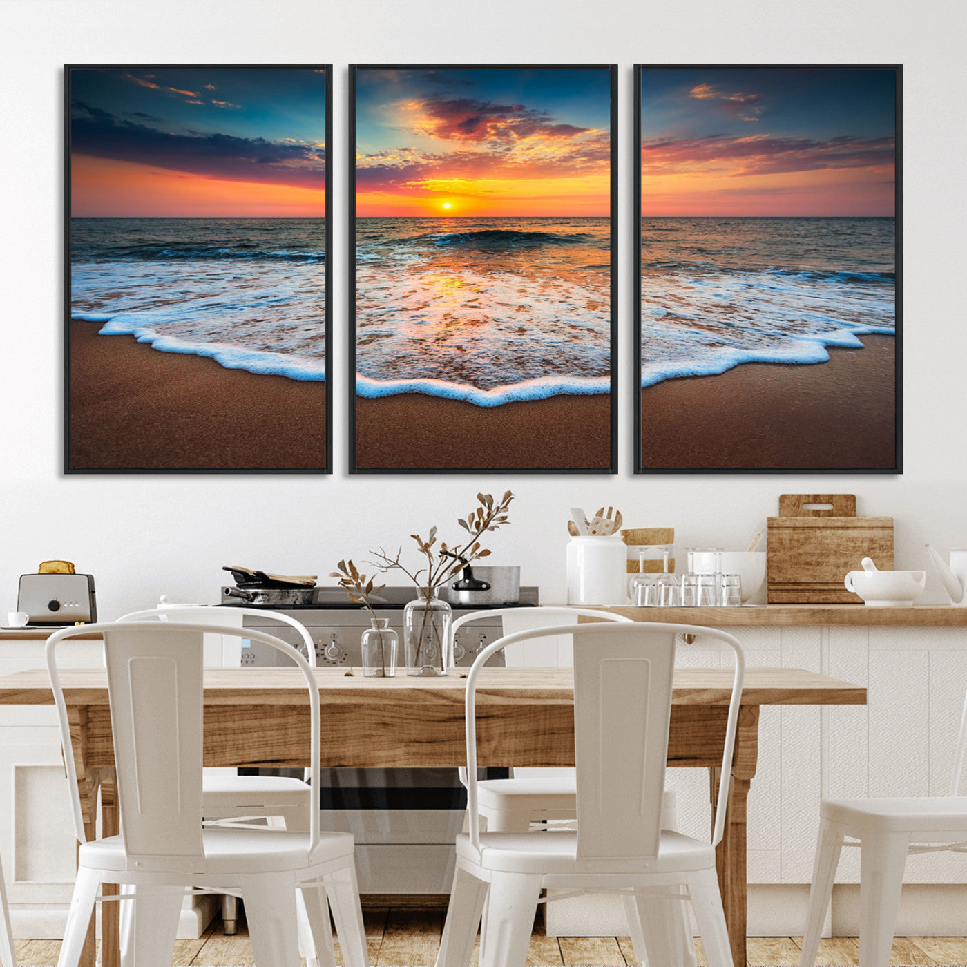 MGV-FC-60X30-3P - Sunset Beach Canvas Wall Art – Colorful Ocean Waves Triptych – Coastal Decor for Living Room or Bedroom – Framed and Ready to Hang