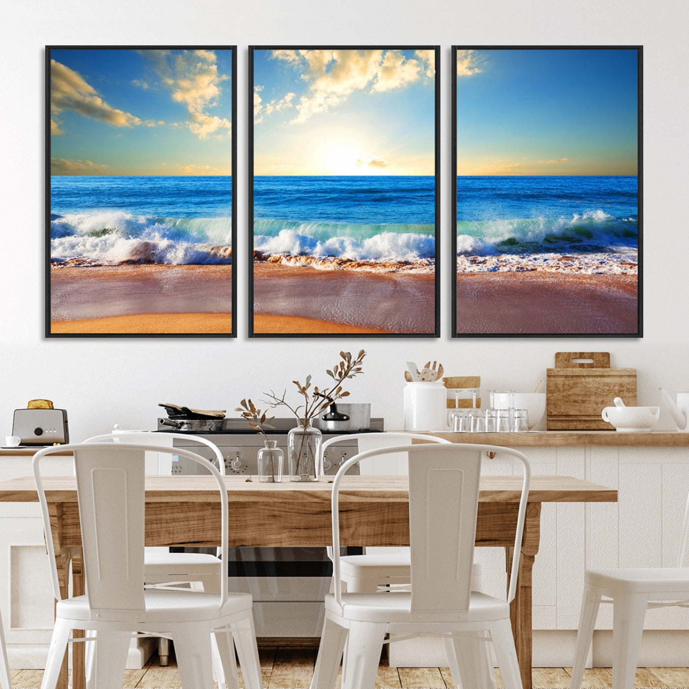 MGV-FC-60X30-3P - Tropical Beach Sunset Canvas Art, Ocean Waves and Sandy Shoreline Wall Art, Large Beach Decor for Coastal Homes