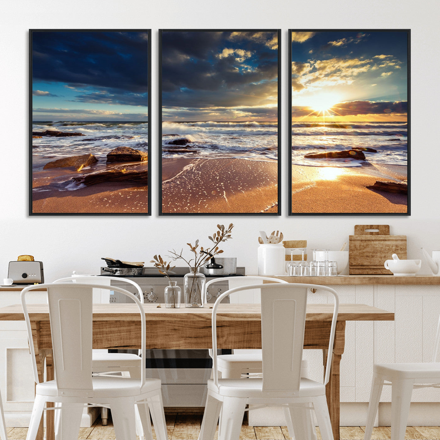 MGV-FC-60X30-3P - Golden Hour Beach Sunset Canvas Triptych, Ocean Waves and Rocks Wall Art for Coastal Home Decor