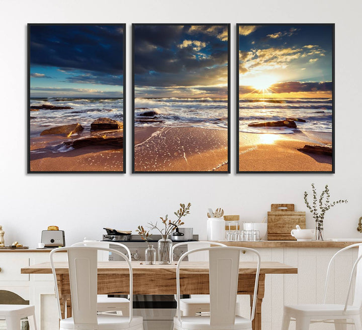 The Golden Hour Beach Sunset triptych adorns the wall with its captivating imagery.