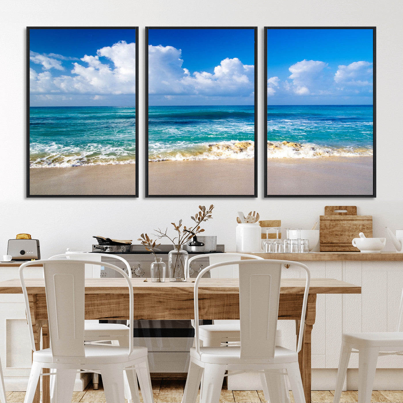 MGV-FC-60X30-3P - Tropical Beach 3-Panel Canvas Wall Art – Serene Ocean Waves and Blue Sky – Giclée Print for Living Room, Office, or Bedroom Coastal Decor