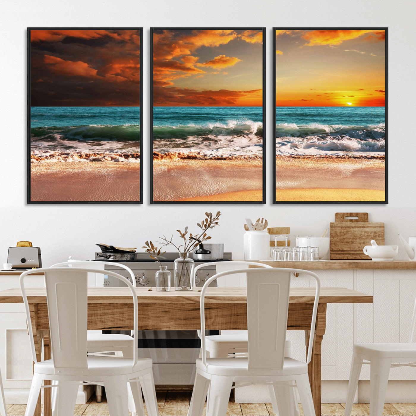 MGV-FC-60X30-3P - Golden Sunset Beach Canvas Wall Art – Triptych Seascape Print – Framed and Ready to Hang for Living Room or Office
