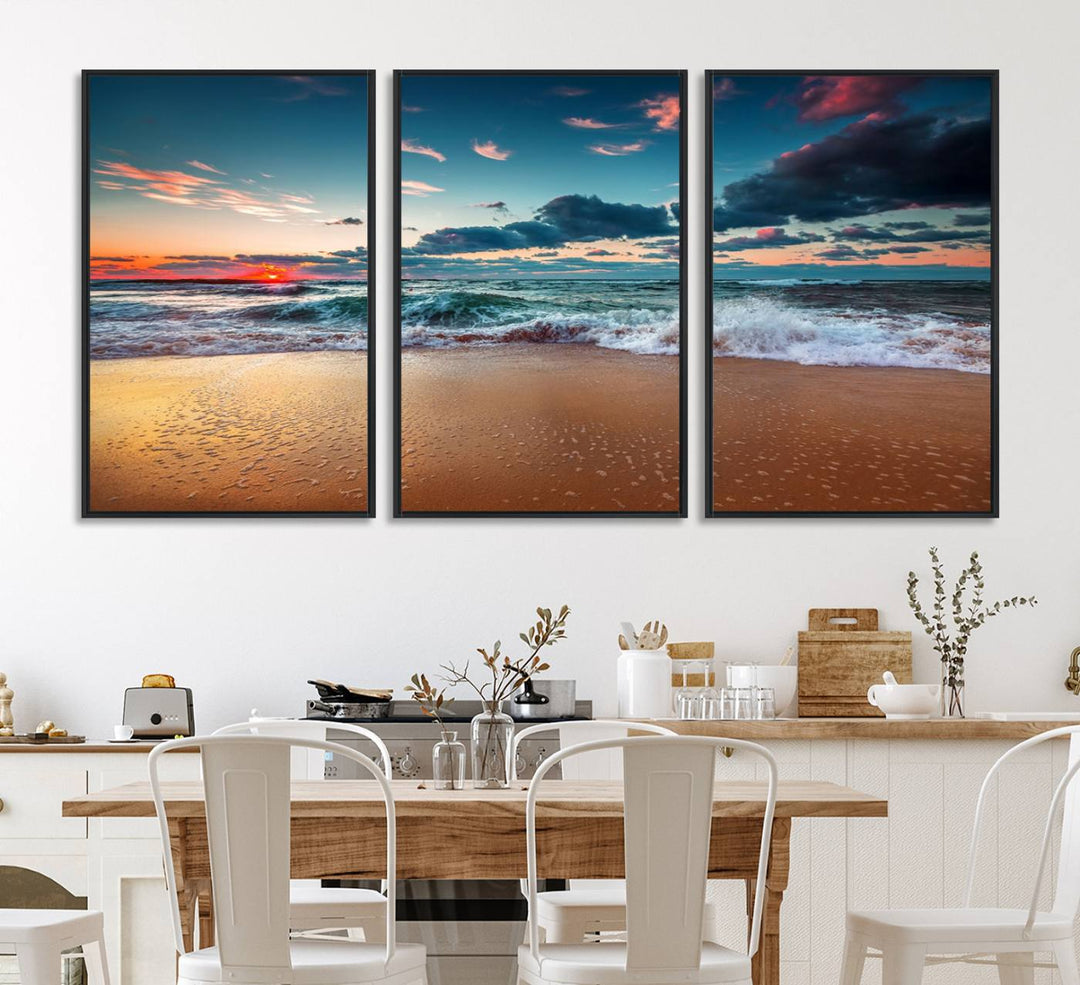 Sunset on Beach Wall Art: Waves under a vibrant sky. Crafted on museum-quality canvas, ready to hang and admire.