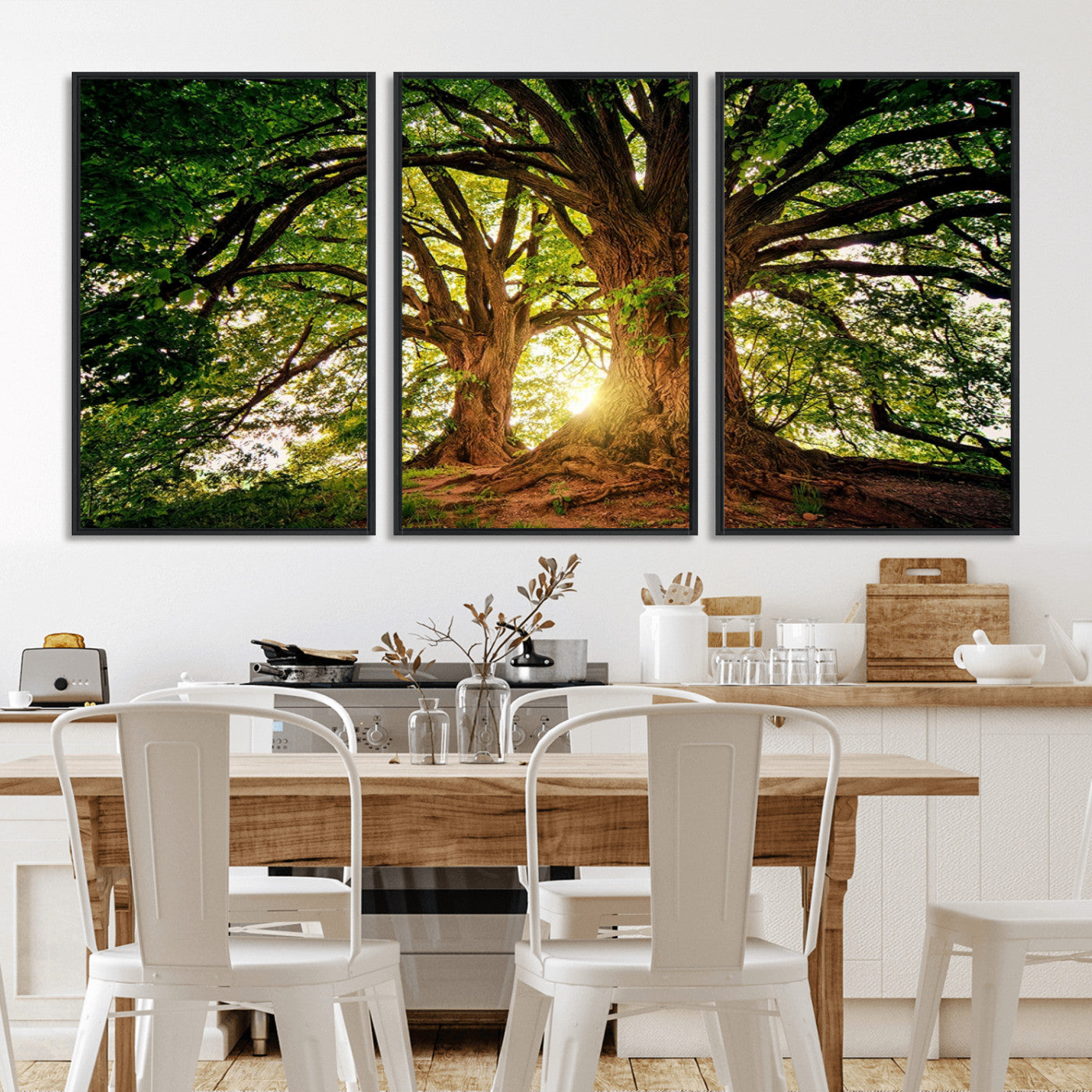 MGV-FC-60X30-3P - Majestic Ancient Tree Wall Art, Nature-Inspired Canvas Print, Woodland Art, Tree of Life Artwork, Sunlit Forest, Giclee Nature Print