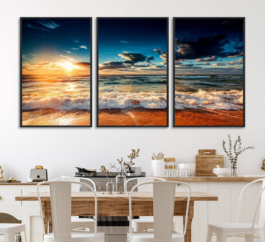 Golden Hour Sunset Over Ocean Waves Canvas: 3-Panel Coastal Landscape Art with Stunning Beach Photography Print.