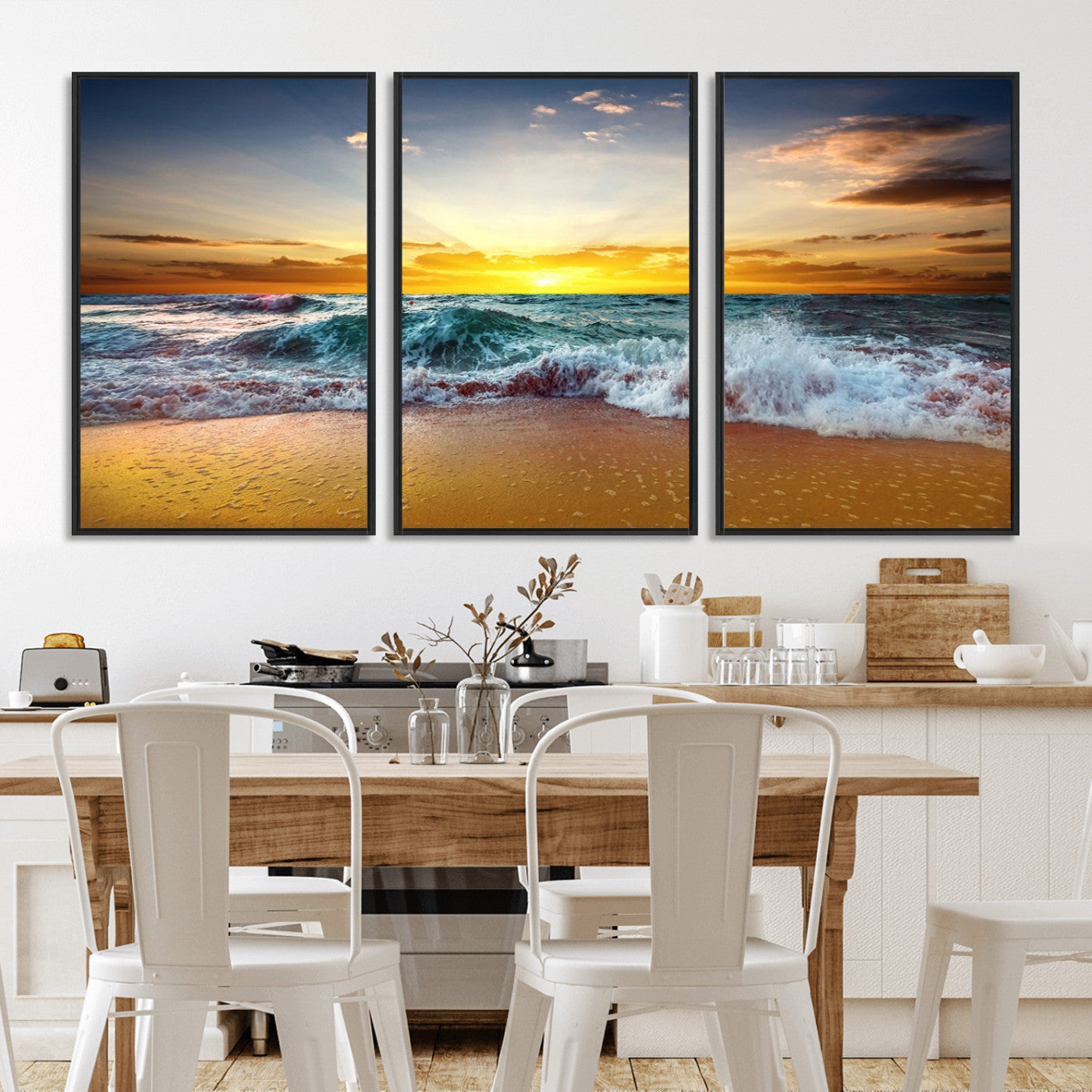 MGV-FC-60X30-3P - Golden Sunset Ocean Waves Wall Art Canvas Print – Multi Panel Beach Canvas Print Set – Large Coastal Triptych Print for Home or Farmhouse Decor