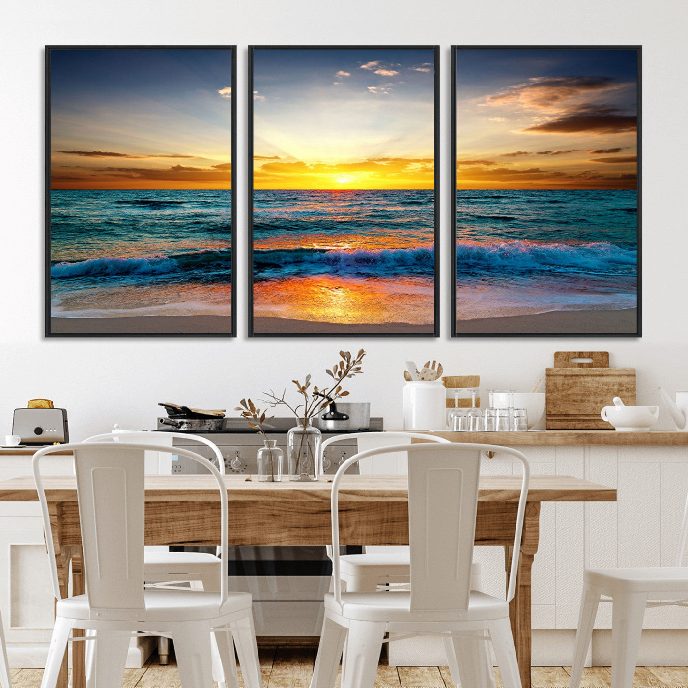 MGV-FC-60X30-3P - Vibrant Ocean Sunrise Over Golden Beach Waves, Giclee Canvas Wall Art Set, High-Quality Stretched Canvas Print, Ready to Hang Coastal Sunset Wall