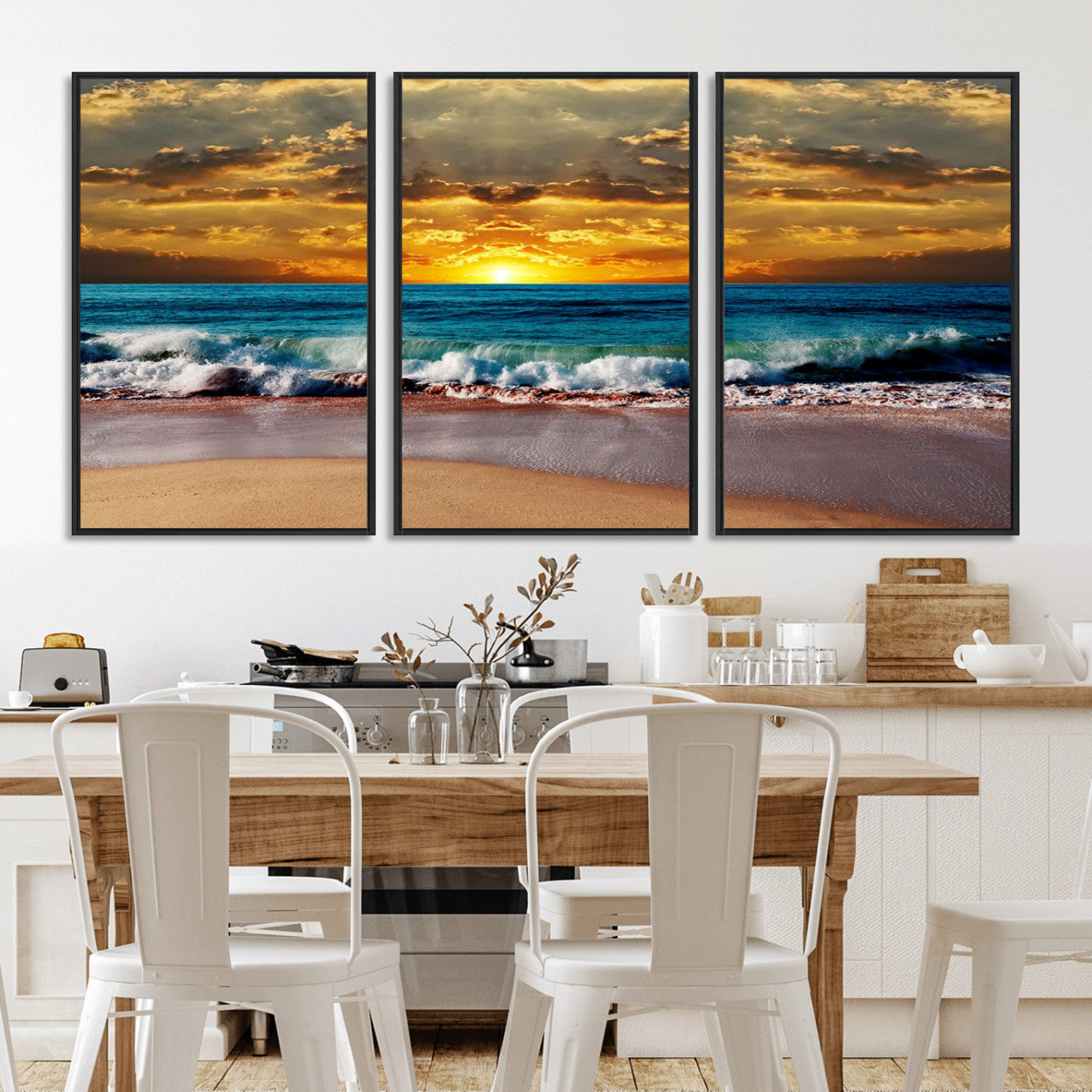 MGV-FC-60X30-3P - Ocean Sunrise Over Golden Beach Waves, Giclee Canvas Wall Art Set, High-Quality Stretched Canvas Print, Ready to Hang Coastal Sunset Wall Decor