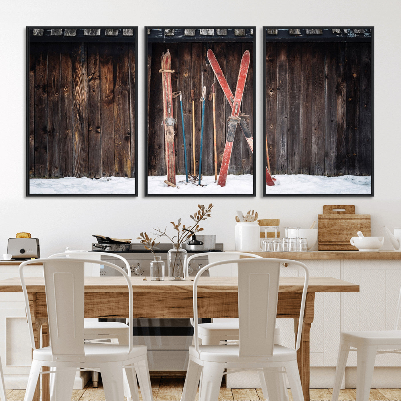 MGV-FC-60X30-3P - Vintage Ski Gear Against Wooden Cabin Wall, Rustic Winter Sports Equipment Canvas Print, Ready to Hang Wall Art, Perfect for Lodge or Ski Cabin Decor