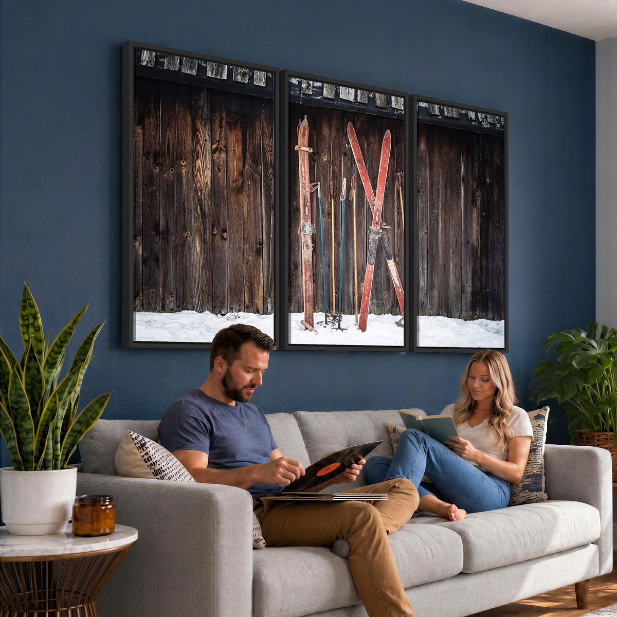 78590-MGV-CV-36X24 - Vintage Ski Gear Canvas Print, Vintage Ski Gear Against Wooden Cabin Wall