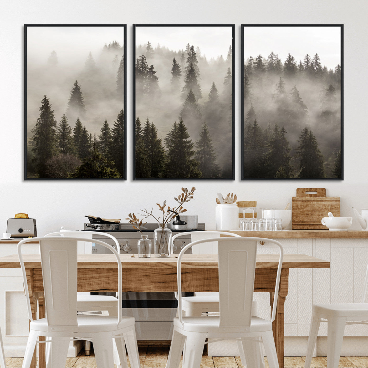 MGV-FC-60X30-3P - Foggy Mountain Wall Art | 3-Panel Foggy Forest and Mountain Landscape | Large Giclee Print for