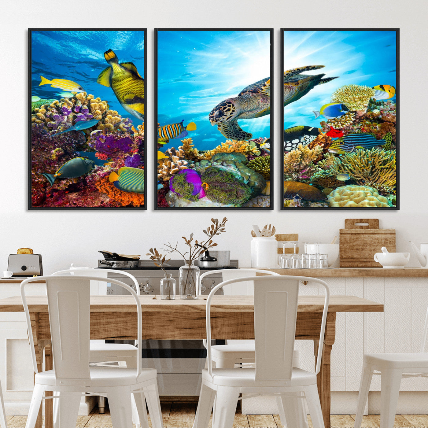 MGV-FC-60X30-3P - Sea Turtle Coral Reef Wall Art Print – Colorful Underwater Canvas Print – Tropical Ocean Marine Life Artwork – Perfect for Coastal Home Decor