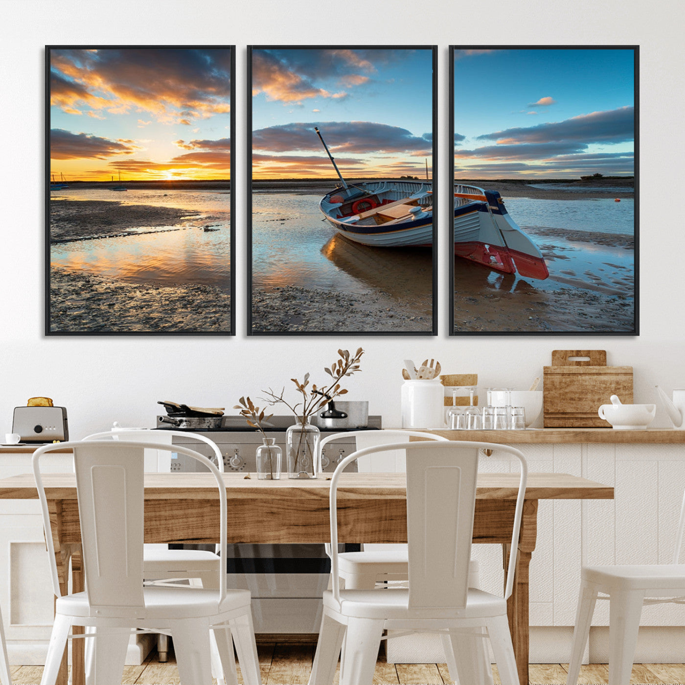 MGV-FC-60X30-3P - Small Boat At The Beach Sunset Wall Art, Boat Sunset Wall Art Canvas Print