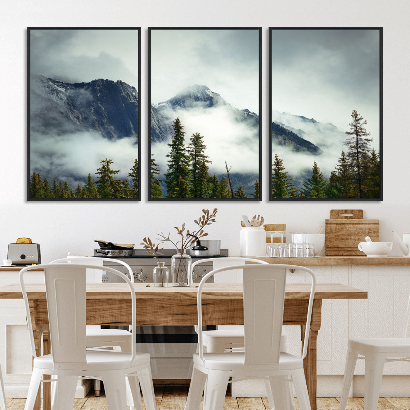 MGV-FC-60X30-3P - Mountain Mist Canvas Wall Art | 3-Panel Foggy Forest and Mountain Landscape | Large Giclee Print for Living Room, Office, or Cabin, Farmhouse Decor
