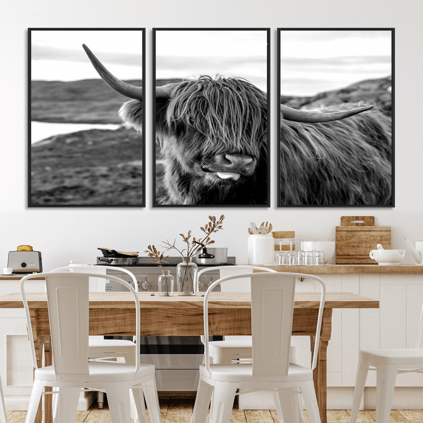 MGV-FC-60X30-3P - Highland Cow Canvas Wall Art – Black and White Animal Portrait – Framed and Ready to Hang Rustic Farmhouse Decor for Living Room or Office