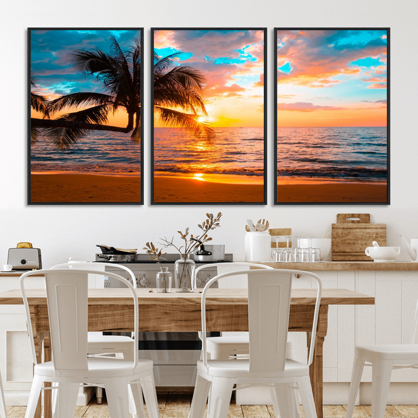 -Palm Tree Sunset On The Beach Wall Art Canvas, Framed Palm Tree Sunset Canvas Print