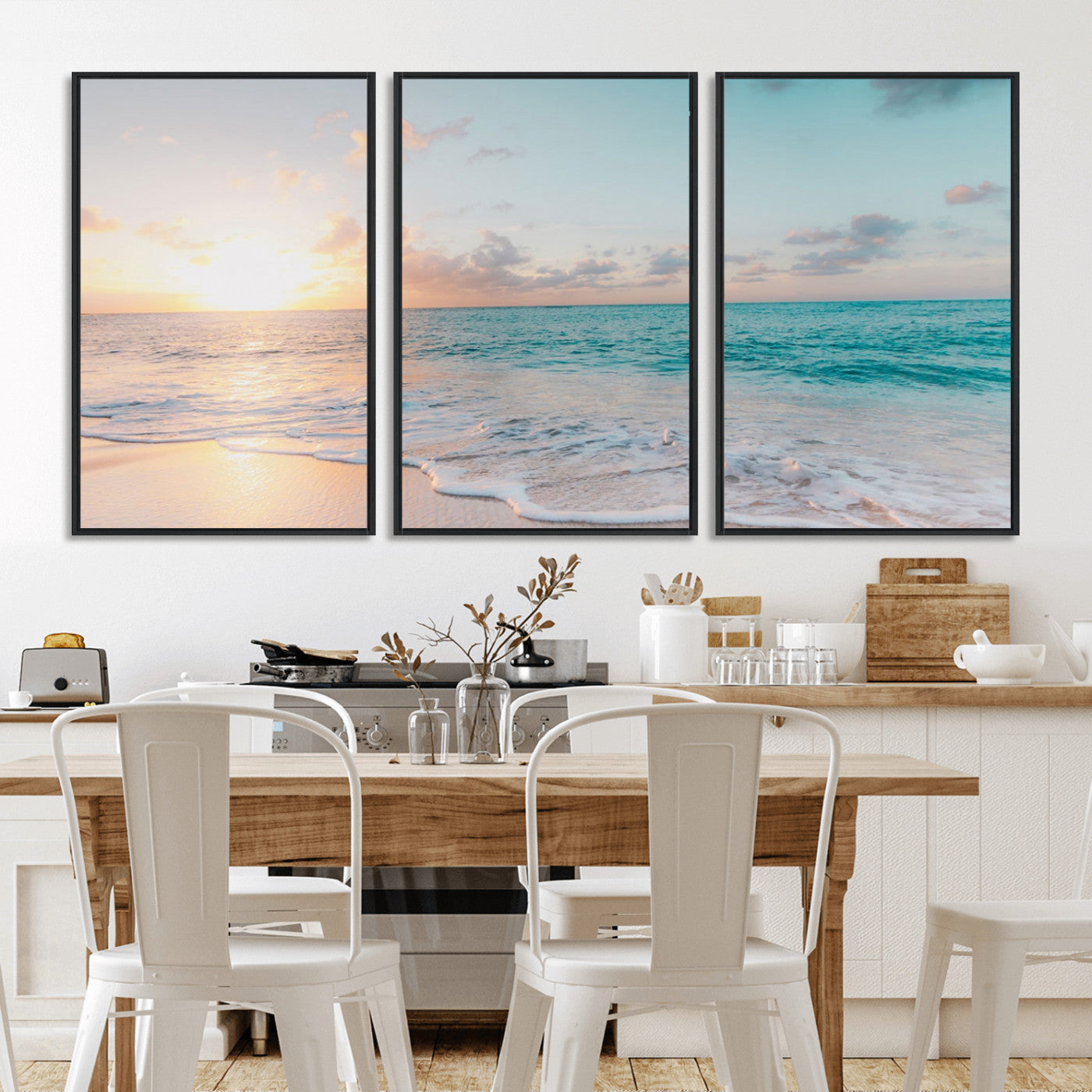 MGV-FC-60X30-3P - Tranquil Ocean Beach Sunset Canvas Wall Art | 3-Panel Coastal Decor