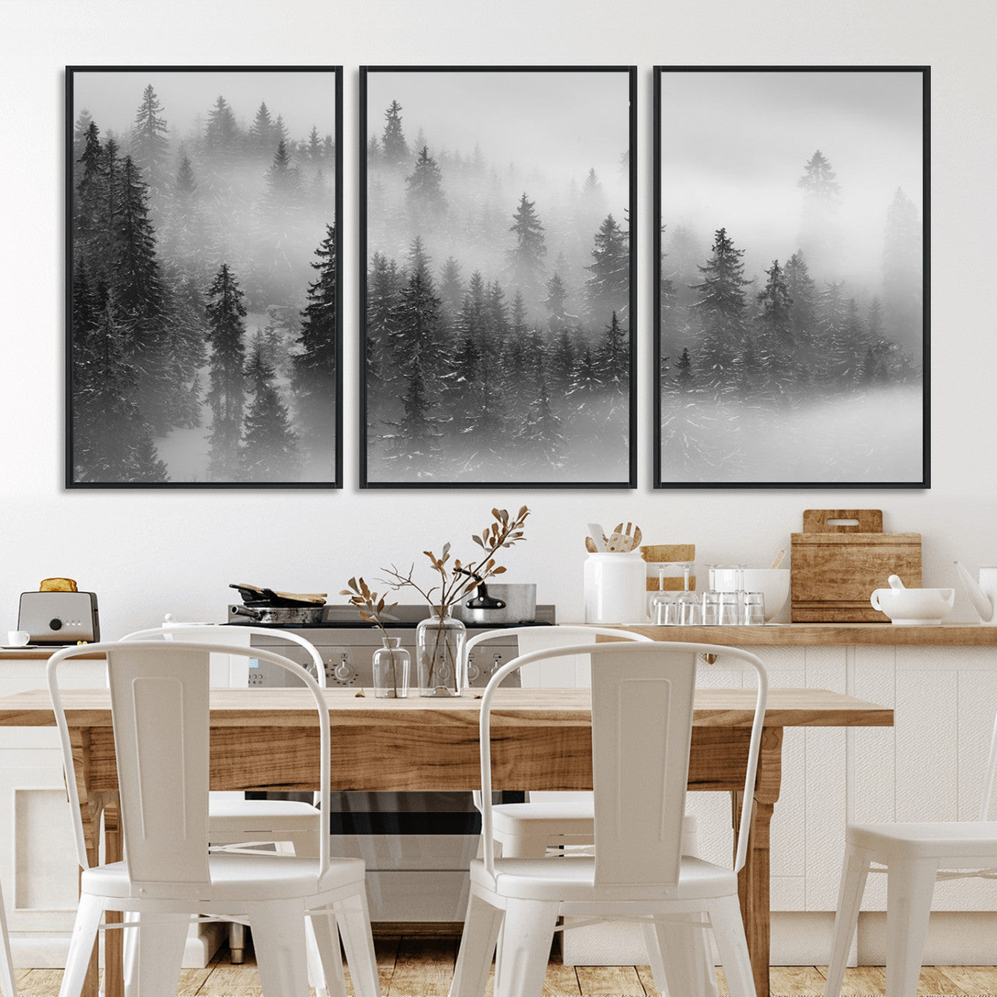 MGV-FC-60X30-3P - Black and White Forest Wall Art Print – Misty Pine Tree Canvas Print – Winter Woodland Nature Artwork – Perfect for Minimalist Home Decor