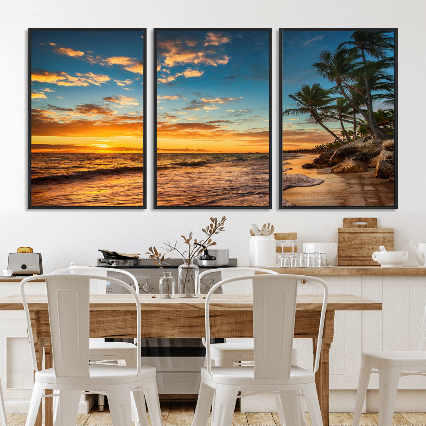 MGV-FC-60X30-3P - Tropical Beach Sunset Wall Art Print – Palm Tree Coastal Canvas Print – Ocean Seascape Artwork – Perfect for Tropical Modern Home Decor