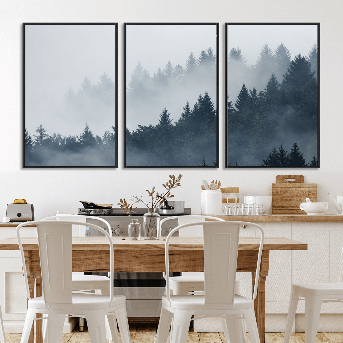 MGV-FC-60X30-3P - Misty Forest Wall Art Print – Foggy Pine Tree Canvas Print – Dark Woodland Nature Artwork – Perfect for Minimalist and Modern Home Decor