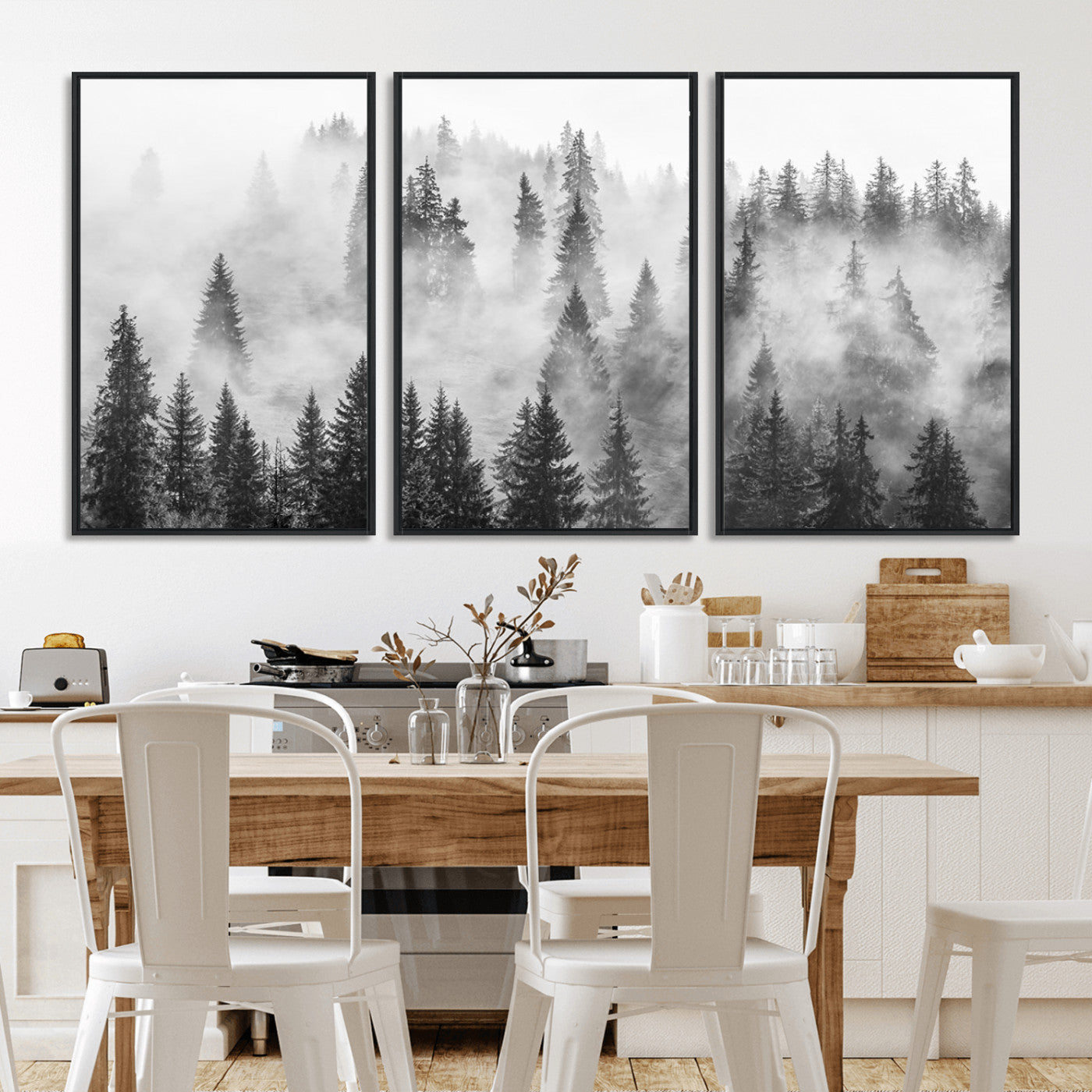 MGV-FC-60X30-3P - Forest Wall Art Print | Foggy Pine Forest Canvas Wall Art - Black and White Nature-Inspired Decor for Living Room, Modern Forest Landscape Print, Ready to Hang