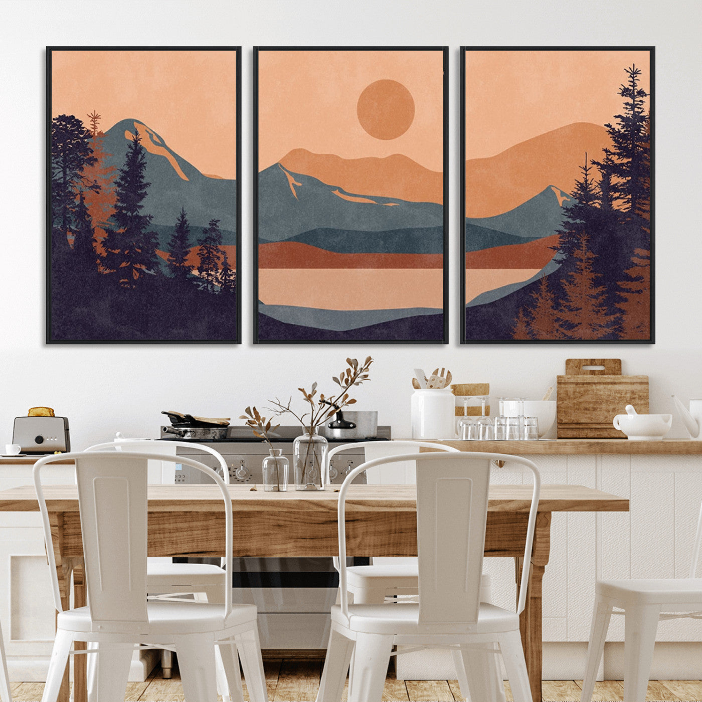 MGV-FC-60X30-3P - Modern Boho Sunset Canvas Print, Mountain Landscape Triptych – Giclée Canvas Art Print for Living