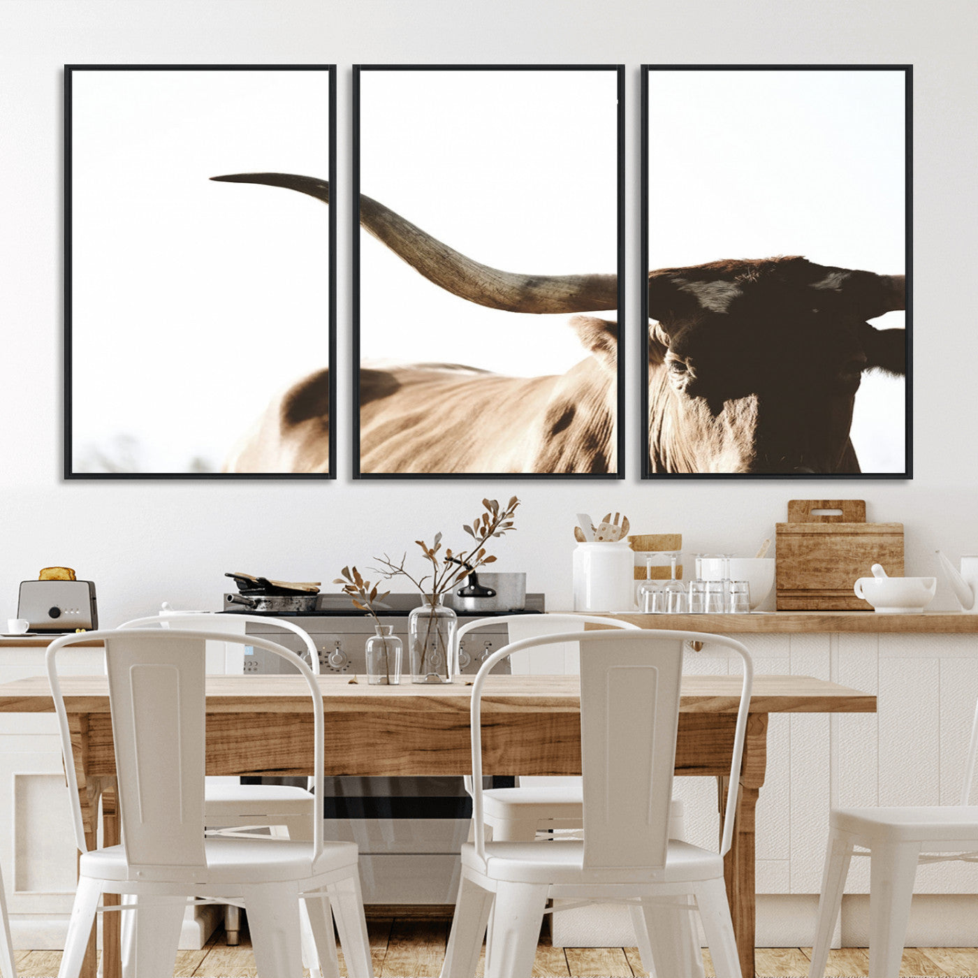 MGV-FC-60X30-3P - Texas Longhorn Wall Art Canvas Print | 3-Panel Large Longhorn Canvas Print for Living Room, Framed Gallery Wrap Office, Rustic Western Cowboy Decor