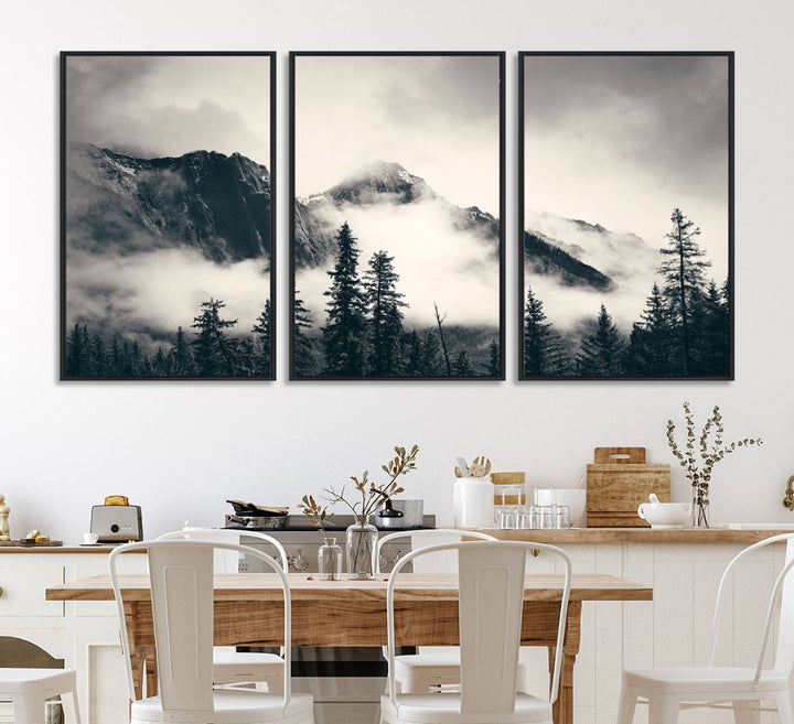 Forest Mountain Print - Black and White Canvas.