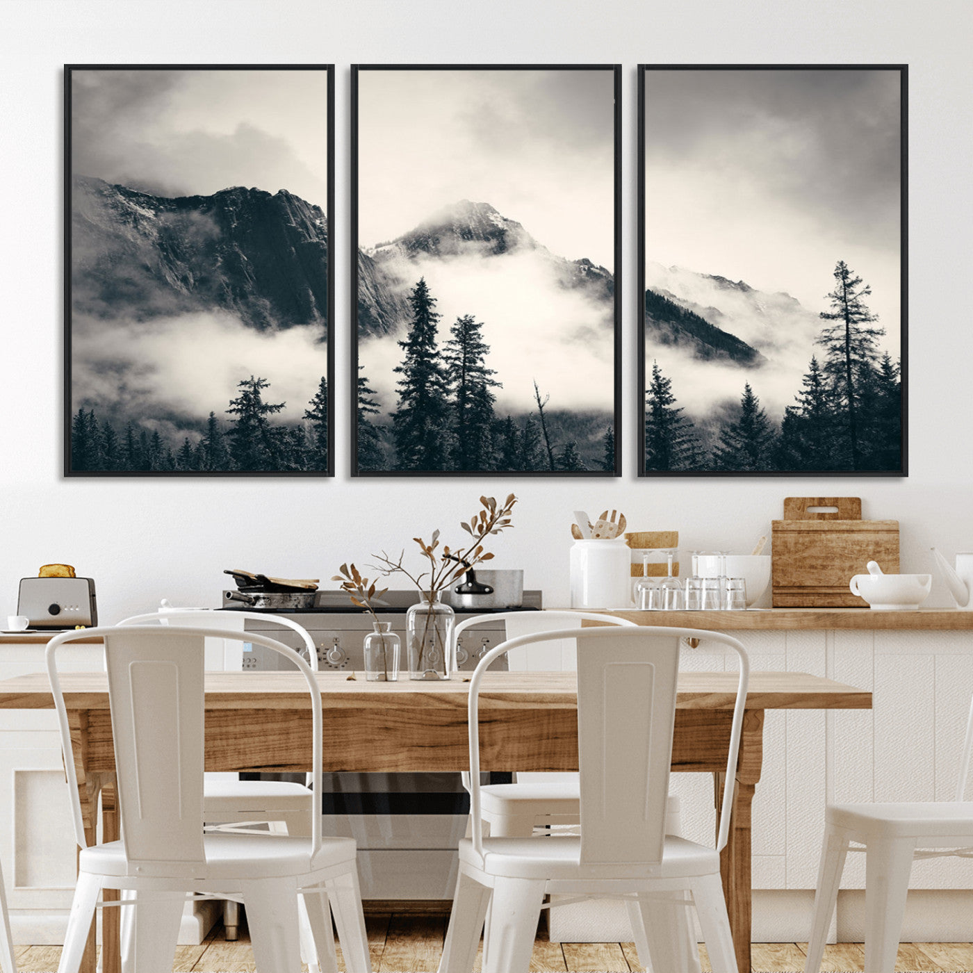 MGV-FC-60X30-3P - Large Foggy Mountain Forest Wall Art Canvas Print | Misty Mountain Peaks and Pine Trees Print | Framed Gallery Wrap | Rustic Nature Farmhouse Decor