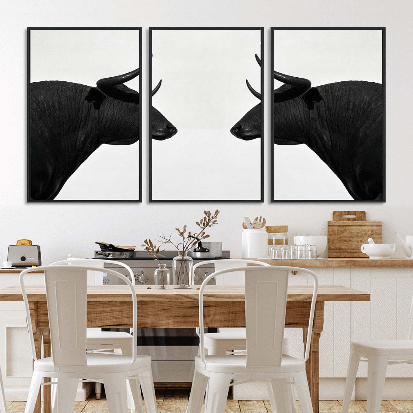 -Spanish Bull Art - Framed Black and White Bull Canvas Print for Modern Rustic Home or Office Decor