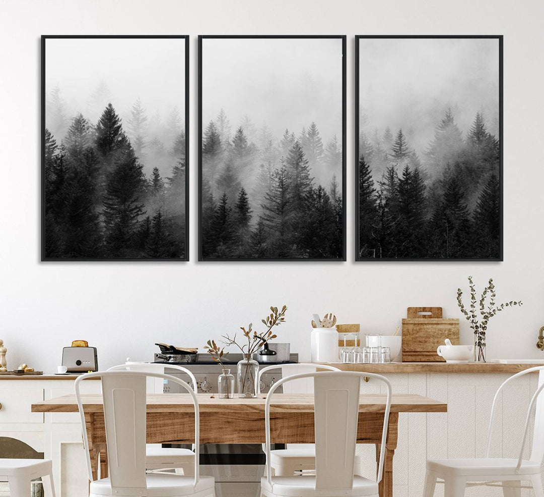 Black and white canvas art depicts a misty pine forest, offering a dense landscape that appeals to nature and woodland art lovers.