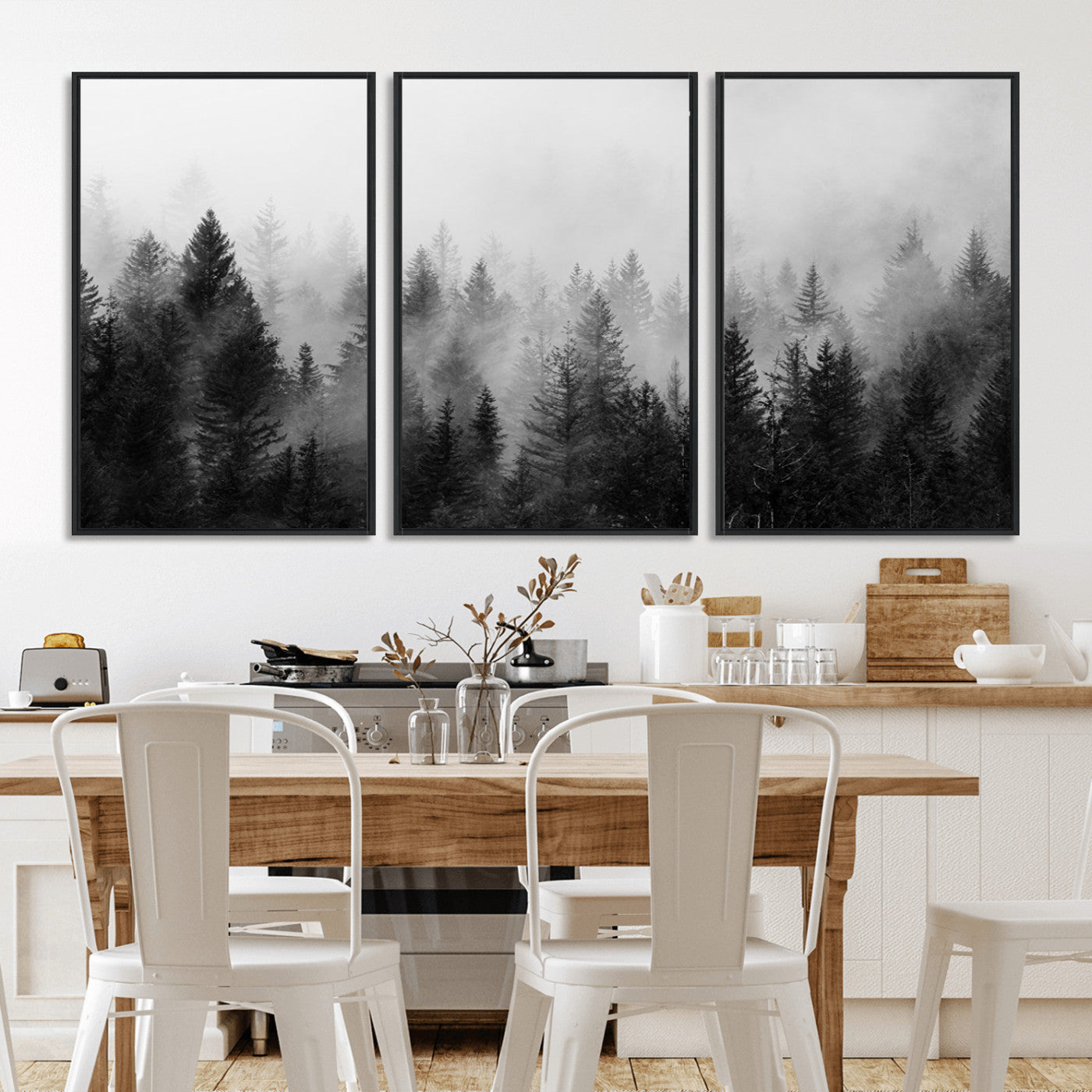 MGV-FC-60X30-3P - Foggy Black and White Forest Wall Art, 3 Panel Misty Pine Trees Canvas Print for Living Room, Office, or Bedroom, Nature-Inspired Woodland Wall Decor