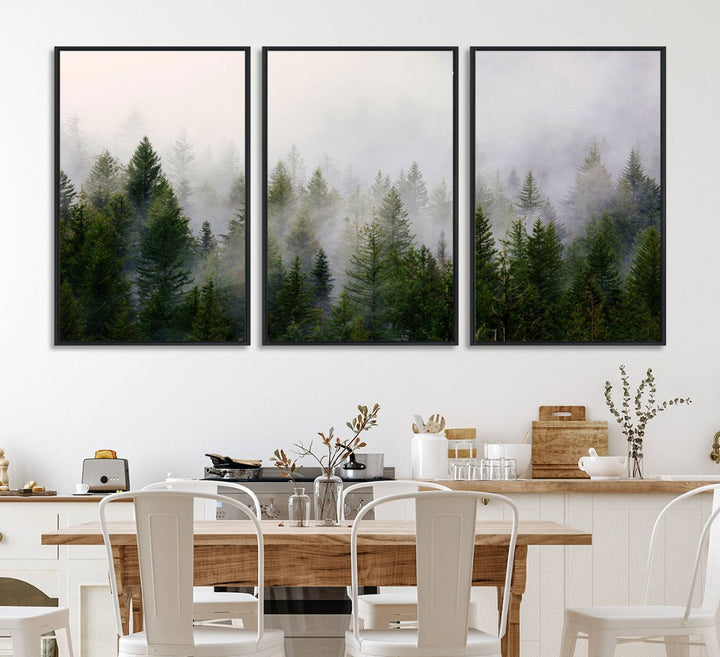 A serene, foggy evergreen forest creates a mysterious atmosphere, ideal for premium canvas wall art.