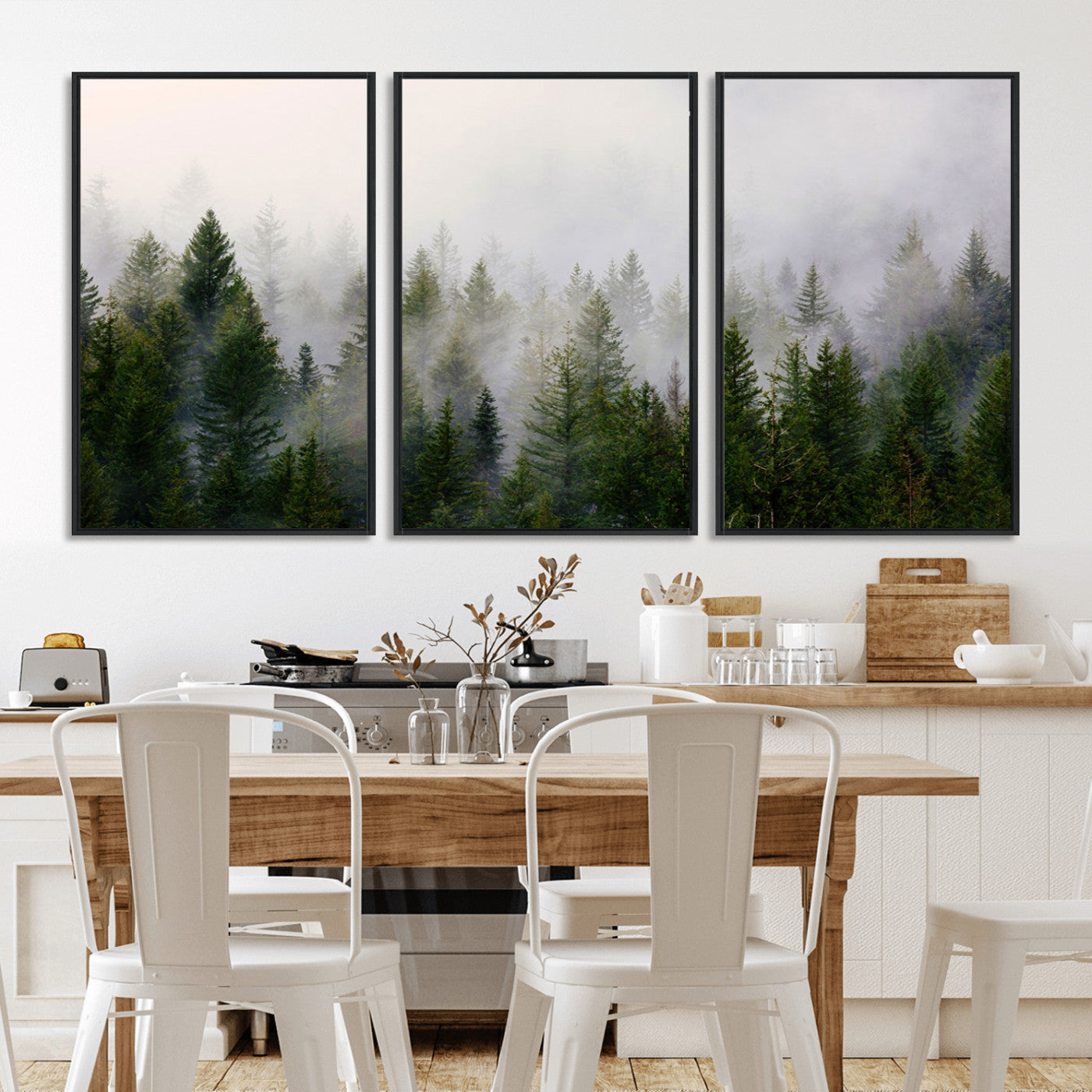 MGV-FC-60X30-3P - Misty Pine Forest Wall Art Canvas Print | 3 Panel Green Woodland Canvas Print for Living Room, Office, or Dining Room | Nature Foggy Forest Decor
