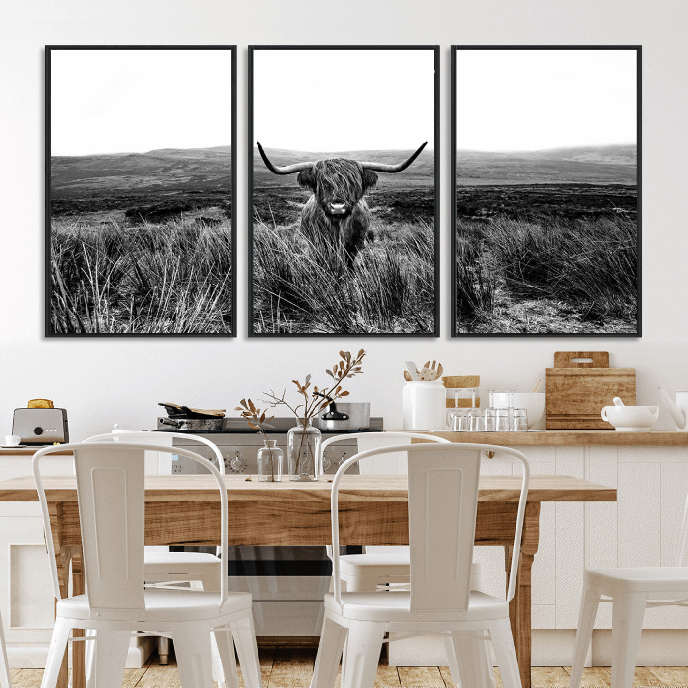 MGV-FC-60X30-3P - Black and White Highland Cow Canvas Wall Art, Longhorn Triptych Western Wall Decor for Cabin -