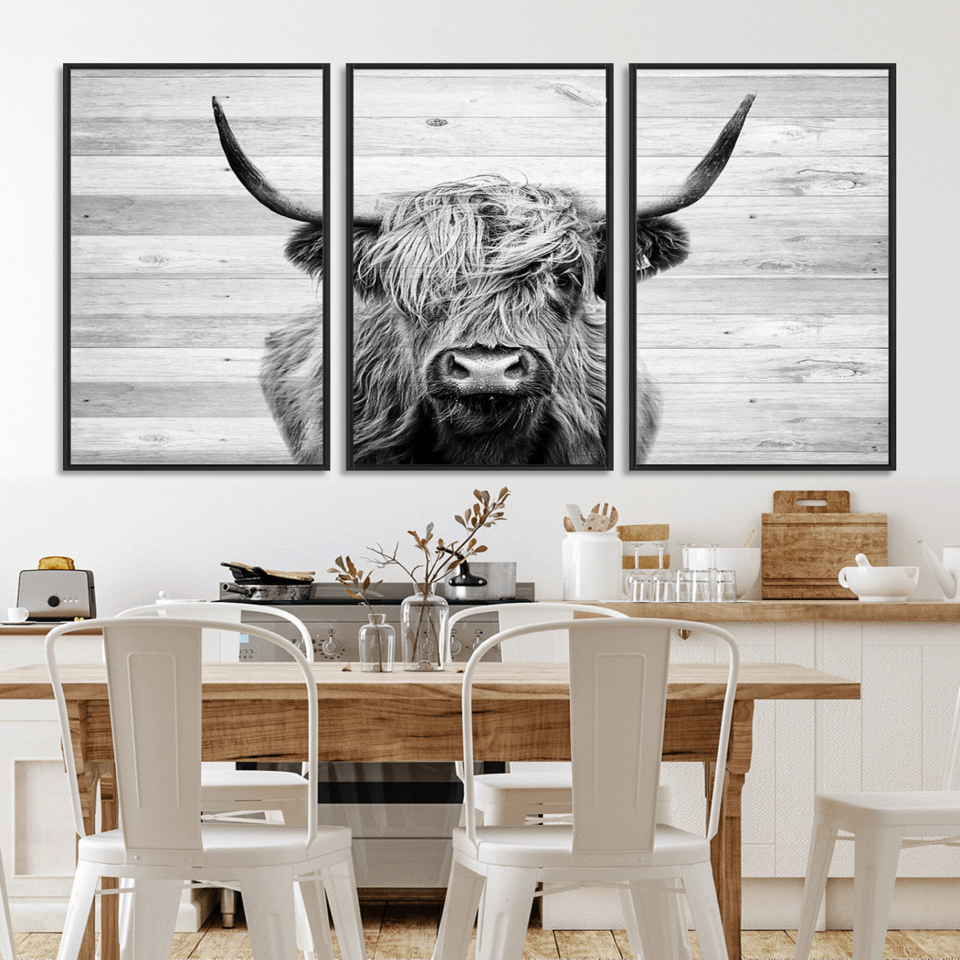 MGV-FC-60X30-3P - Scottish Highland Cow Cattle Art Print on Wood Background Style
