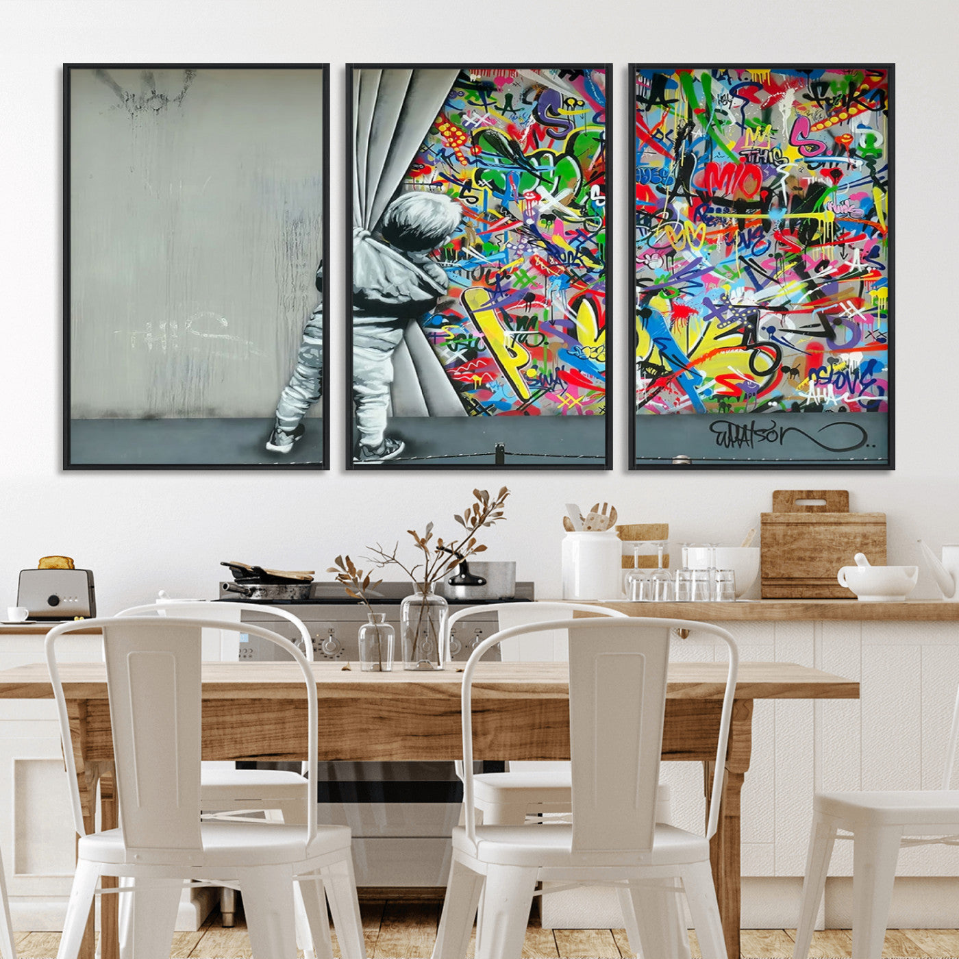 MGV-FC-60X30-3P - Banksy Colorful Street Graffiti Canvas Wall Art Print, Modern Art Triptych, Child and Graffiti Wall, Urban Art for Home or Office Decor