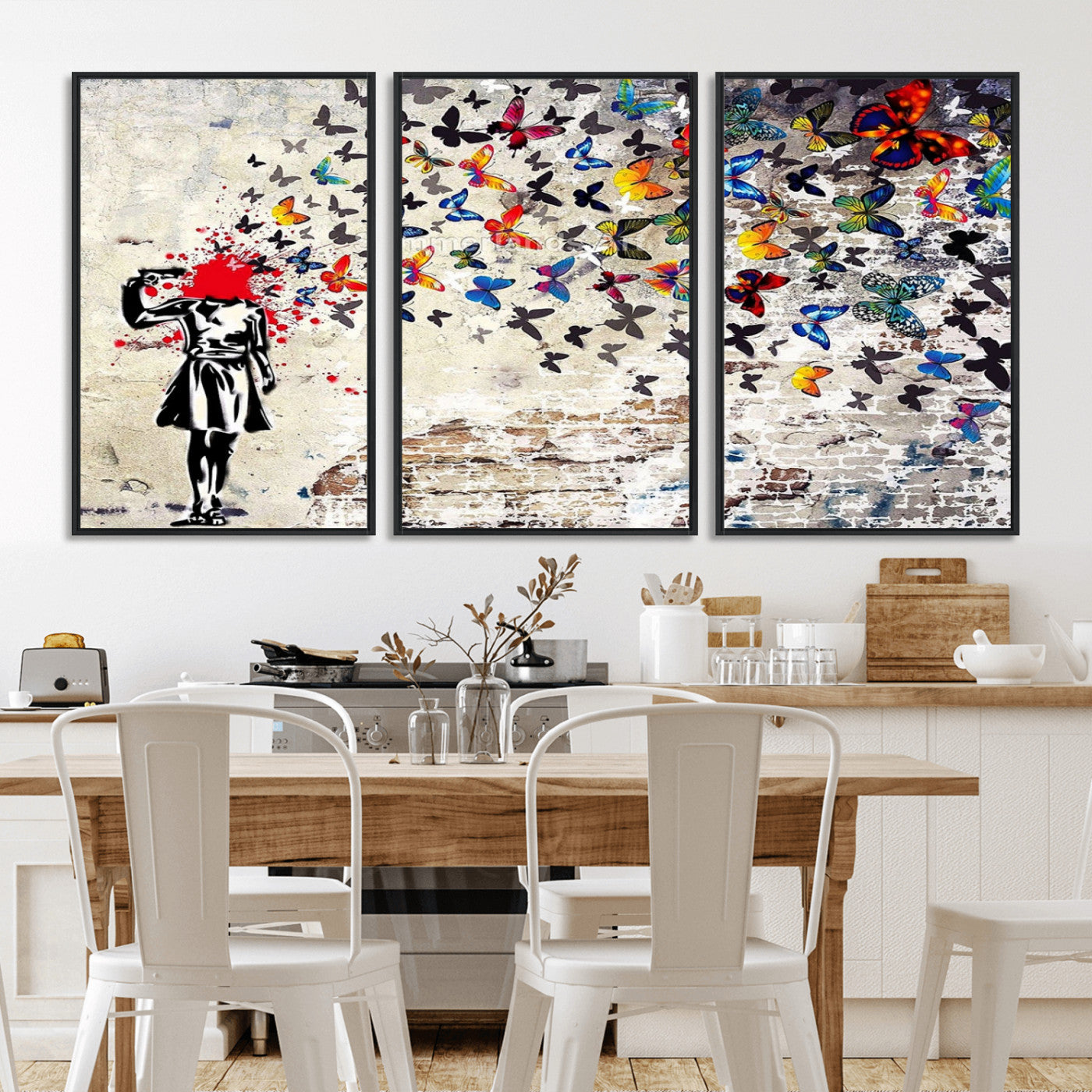 MGV-FC-60X30-3P - Banksy Art Butterfly Girl Explosion Canvas Art – Vibrant Urban Graffiti for Modern Interiors - Ready to Hang