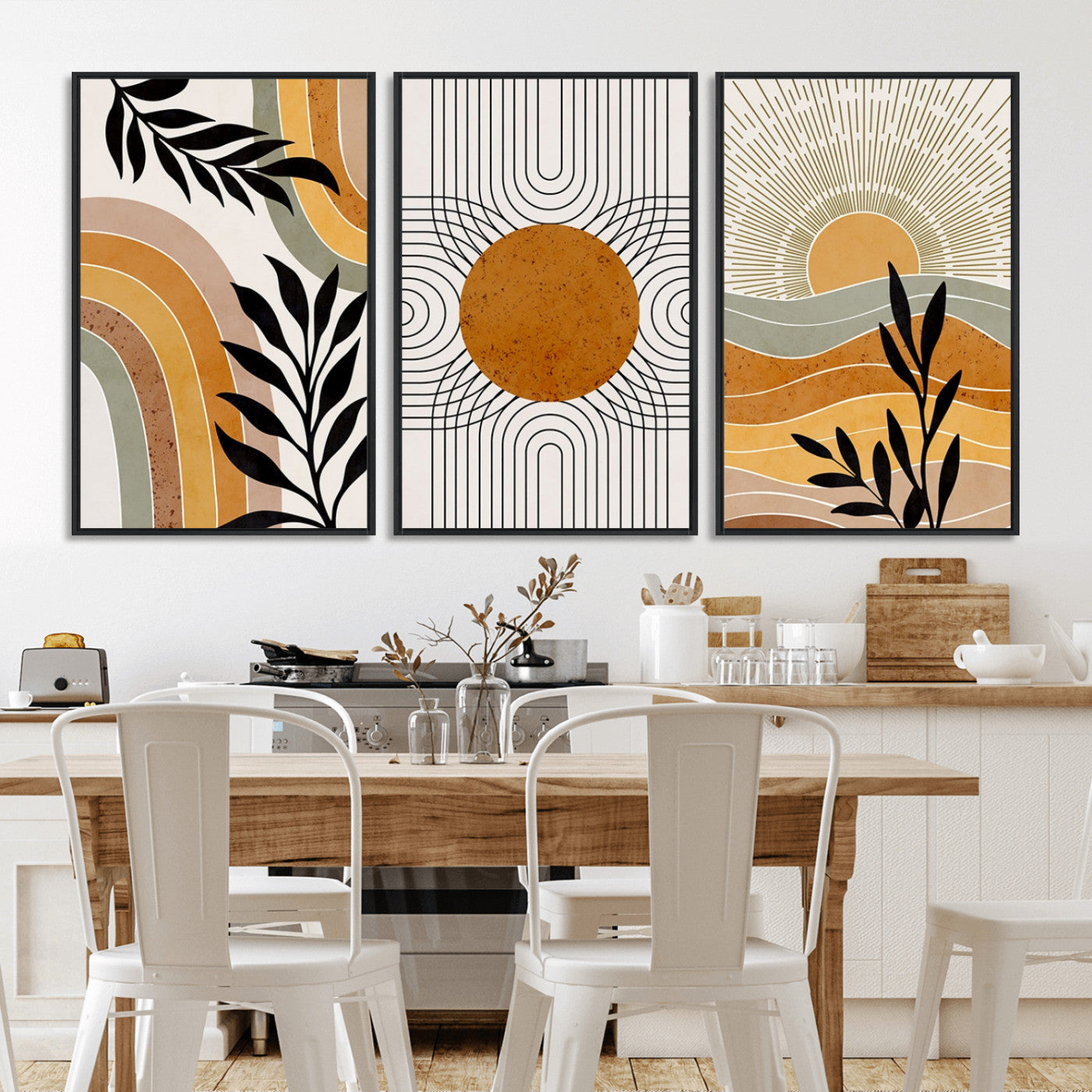 MGV-FC-60X30-3P - Modern Boho Sun and Leaf Abstract Art – 3-Panel Giclée Canvas for Mid-Century Modern or Bohemian Wall Decor