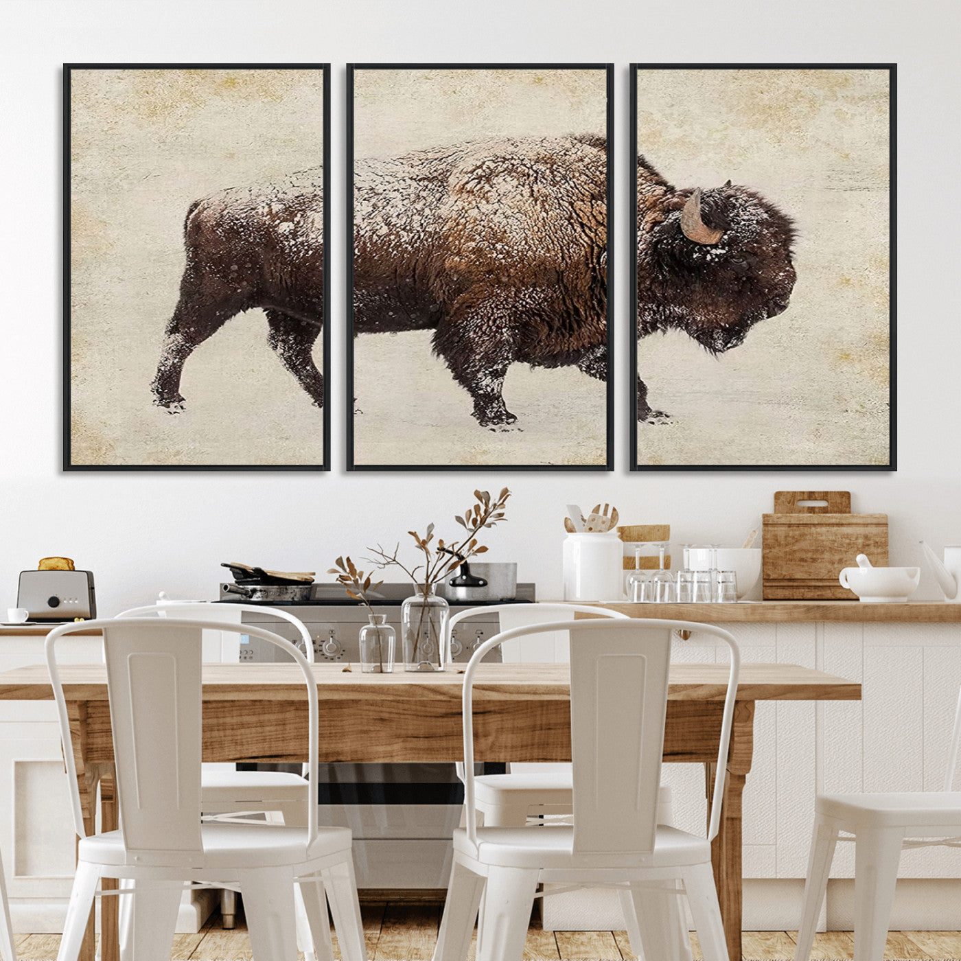 MGV-FC-60X30-3P - Buffalo Wall Art, Western Bison Canvas Print, Rustic Buffalo Art for Cowboy Western Decor, Large Multi-Panel Giclee Canvas for Farmhouse Wall Decor