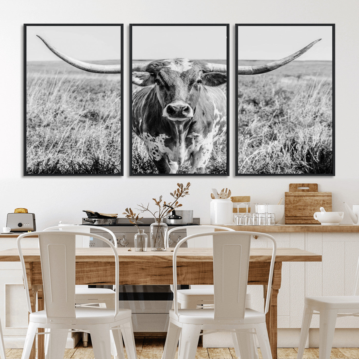 MGV-FC-60X30-3P - Texas Cow Longhorn Wall Art Canvas Print for Farm House Wall Decor, Farmhouse Wall Art Print