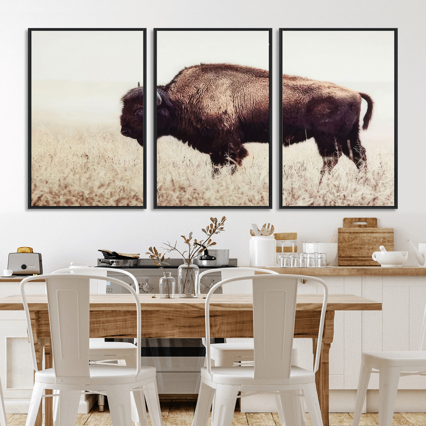MGV-FC-60X30-3P - Bison in Field Wall Art Canvas Print For Farmhouse Barn Decor