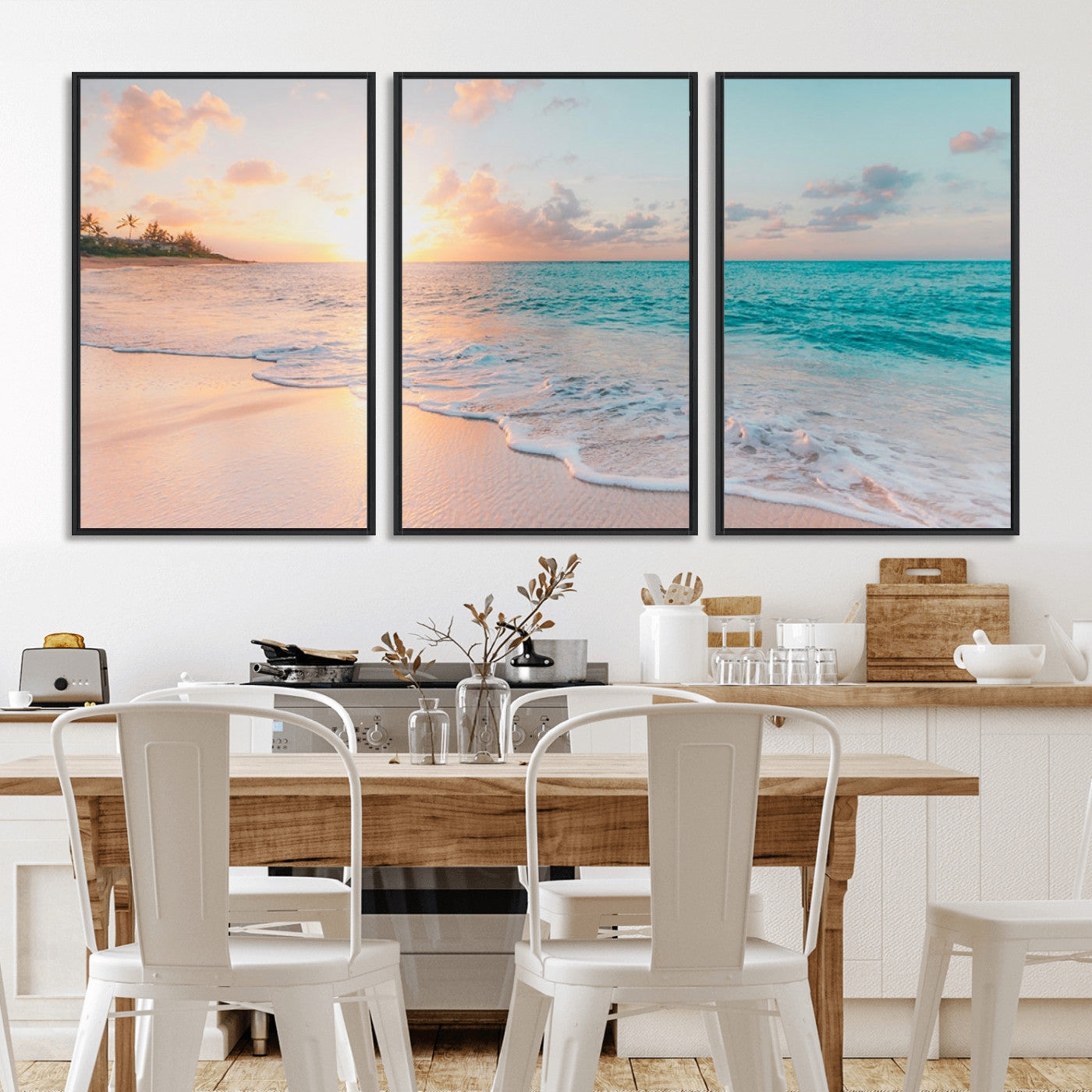 MGV-FC-60X30-3P - Beach Sunrise Wall Art, Coastal Seascape Canvas Print, Ocean Wave Multi-Panel Giclee, Coastal Sunset Beach Scene for Modern Decor